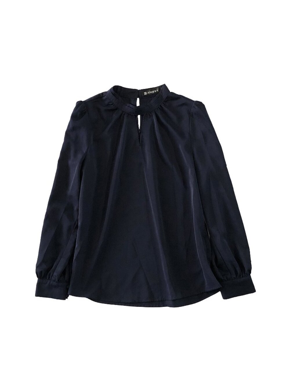 Allegra K Blouse Womens Sz M Navy High Keyhole Neck and Back Long Sleeve Dressy